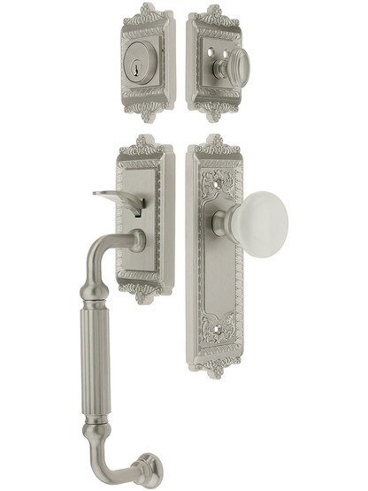 Windsor Entry Lock Set in Satin Nickel Finish with Hyde Park Knob and